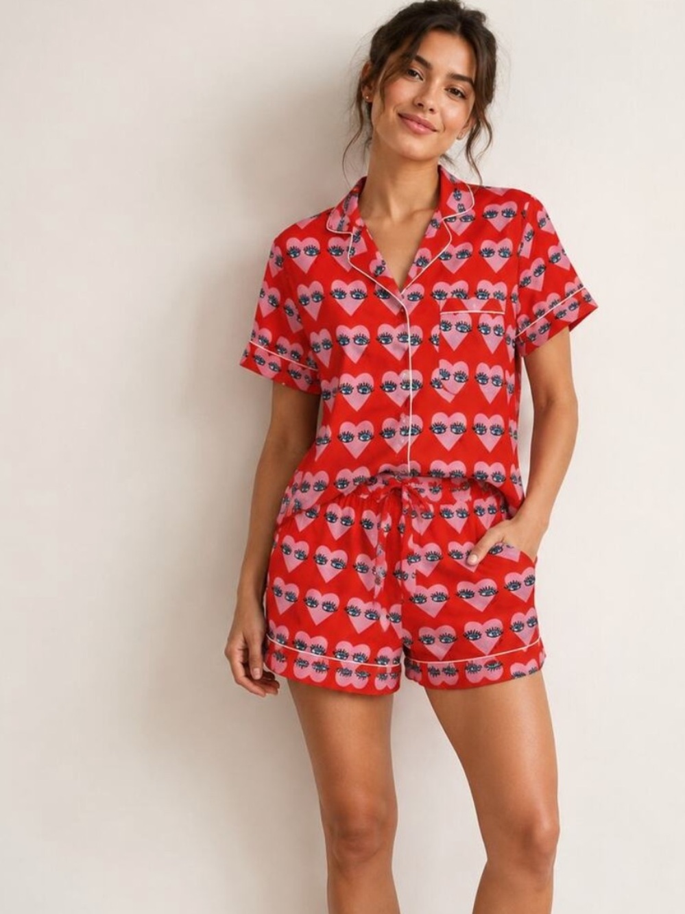 Heart-Print Short Pajama Set in Red